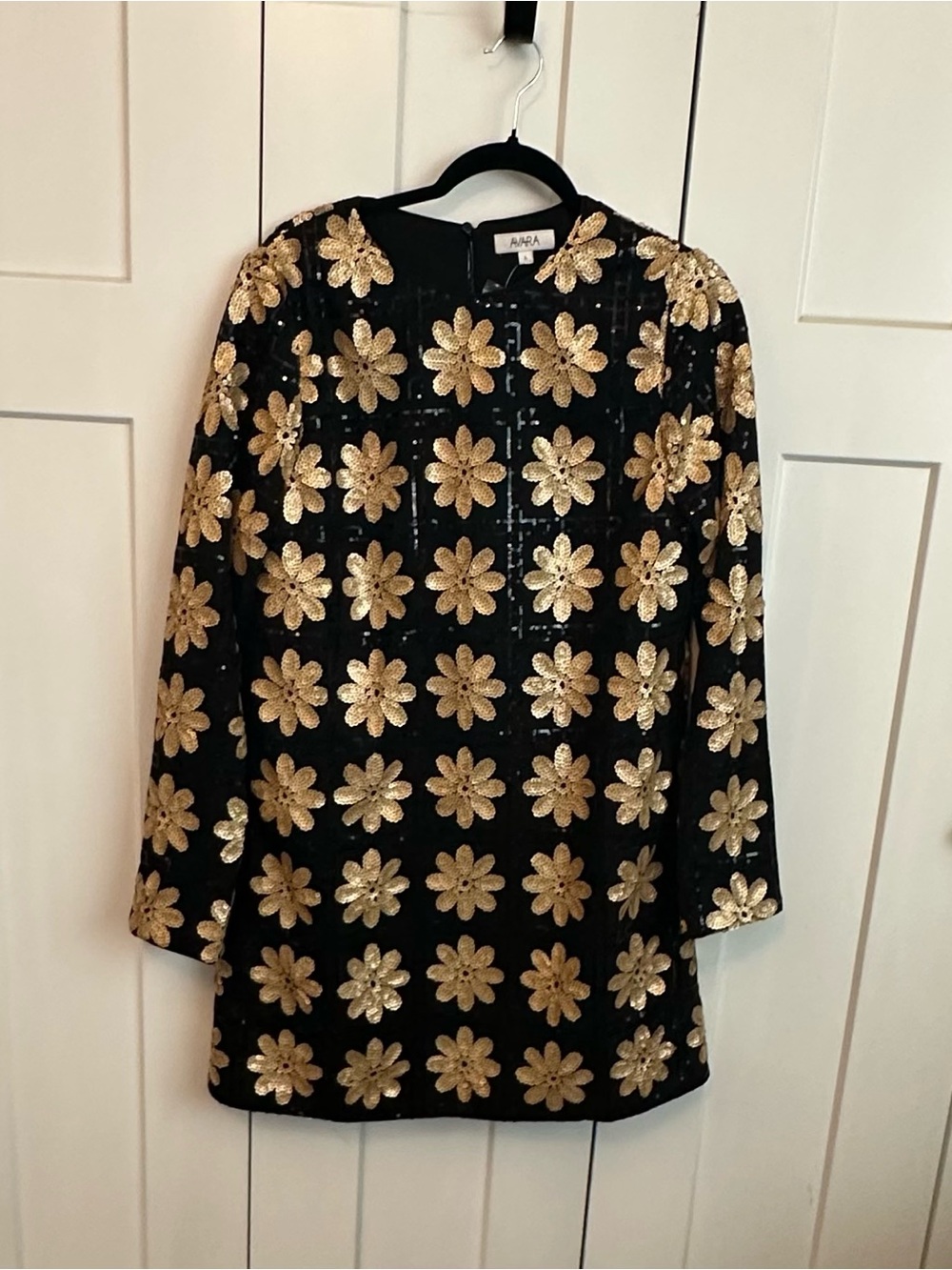 Avara Black Tunic Dress with Gold Sequin Floral Design nwt